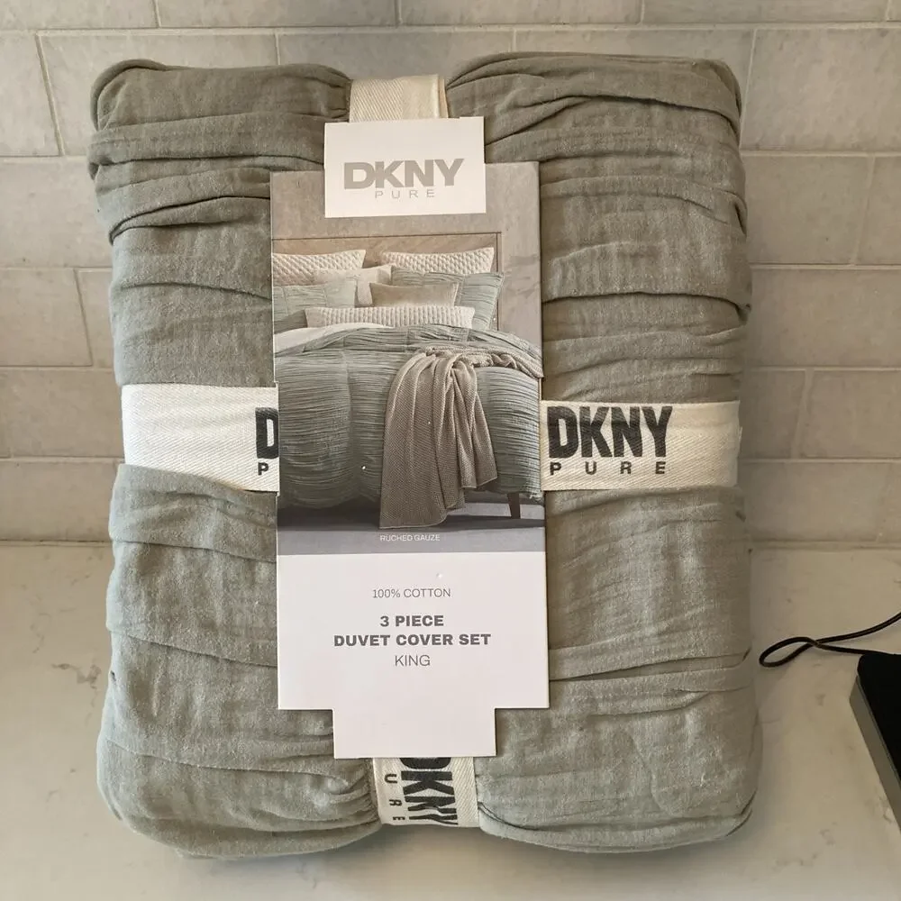 DKNY PURE Ruched Gauze Duvet Cover Set King - Green Cp. $199